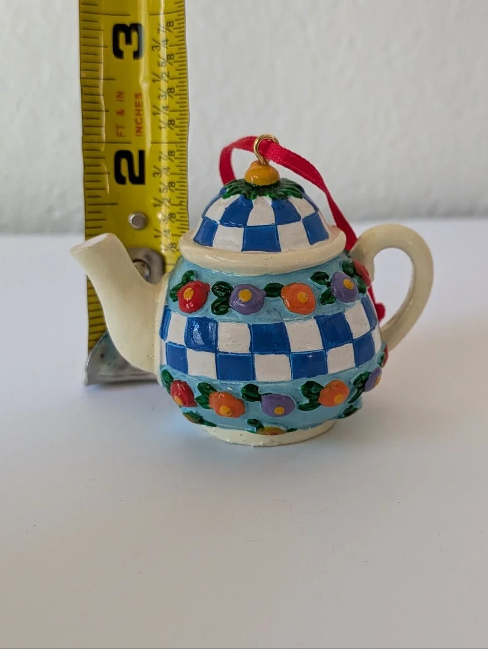 Mary Engelbreit ME Tea PotOrnament Collection Blue White Checkered with Floral
